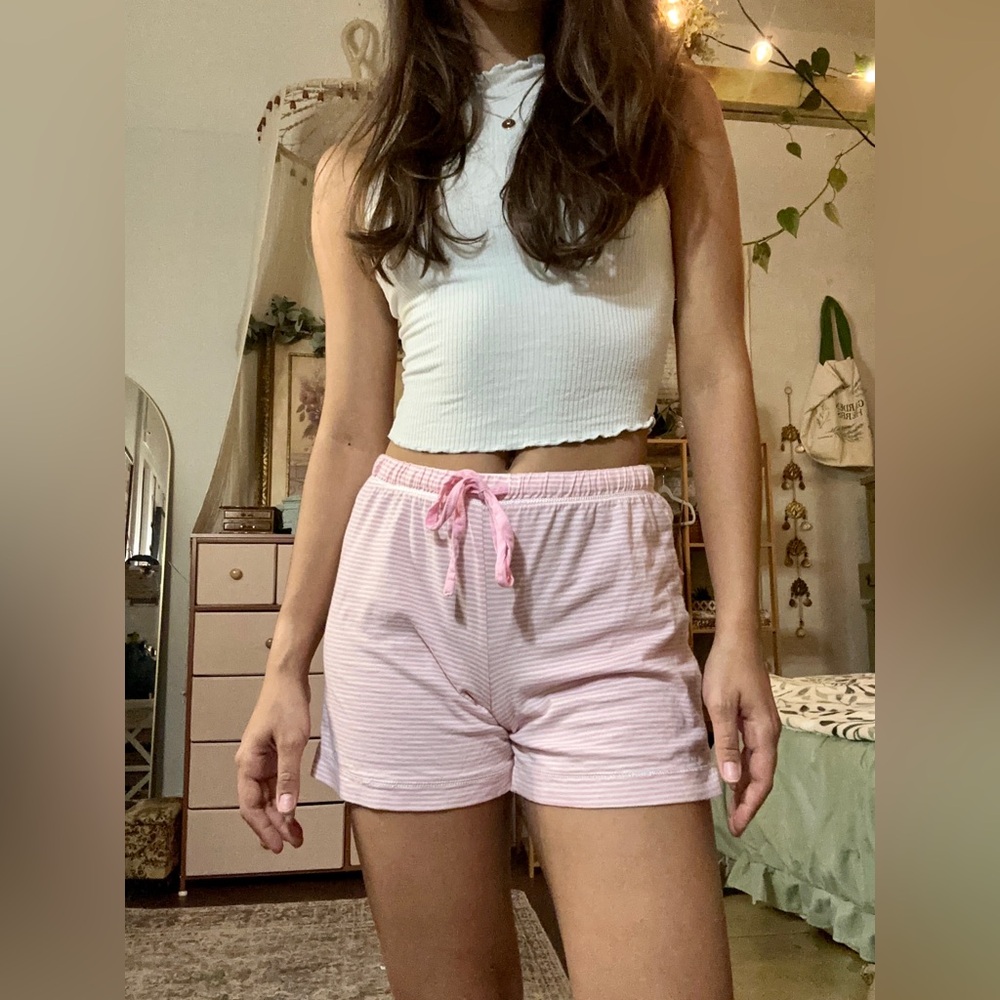 Pink and White Striped Drawstring Lounge Shorts